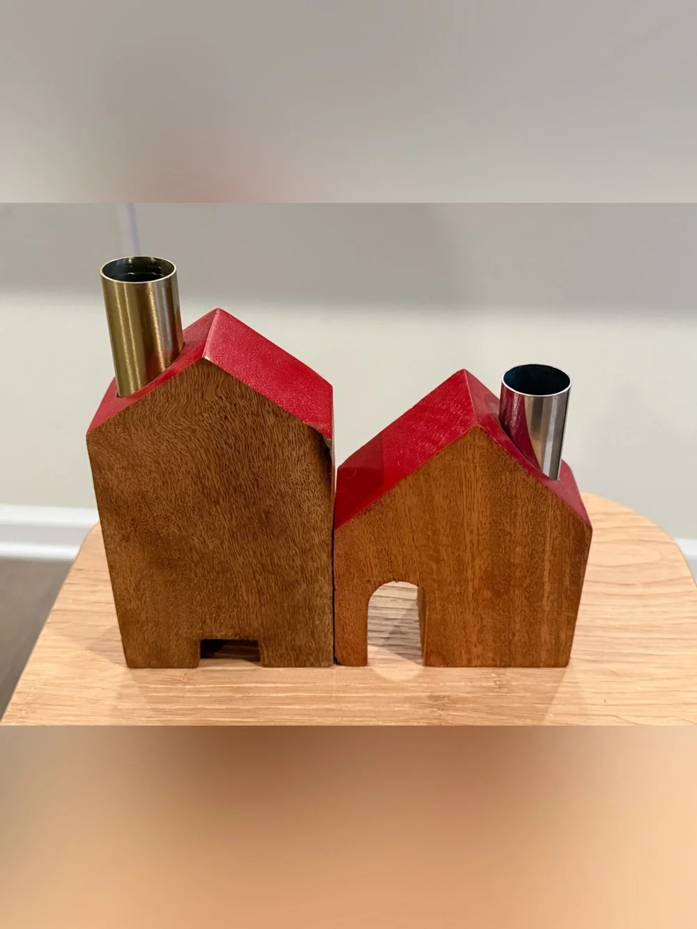 Vintage Set of 2 Wooden House Candleholders Cottagecore Decor Cabin Fall Winter
